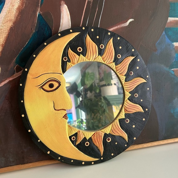 Vintage 90s Sun and Moon Wall Mirror - Black and Yellow 11.5" - Picture 8 of 10
